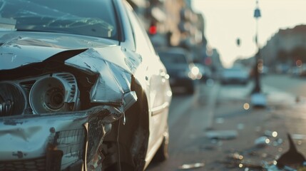 Automobile accident concept. Close-up of a damaged car with dented metal and a broken headlight, after a collision, set against a blurred street scene, safety campaigns, or repair services. - obrazy, fototapety, plakaty