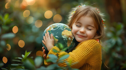 Naklejka premium A young girl hugging a model of the earth, symbolizing love and care for the world. Suitable for World Children's Day or International Day of the Girl Child concept banner.