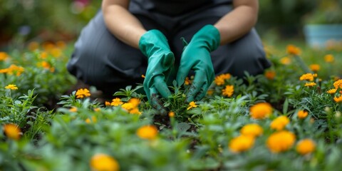 woman with green gloves planted in a bed of small marigold, gardening in a springtime