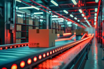 Centre logistique de distribution avec colis sur bande transporteuse