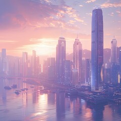 an aerial view of a futuristic city at sunset