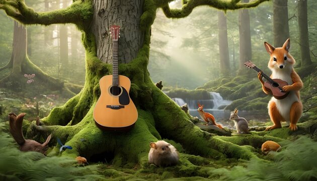 a serene forest scene with an acoustic guitar lean upscaled 4