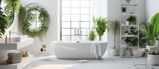 In a serene bathroom, a white bathtub is surrounded by lush green plants creating a calming natural ambiance - obrazy, fototapety, plakaty