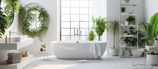 Tuinposter In a serene bathroom, a white bathtub is surrounded by lush green plants creating a calming natural ambiance © AkuAku