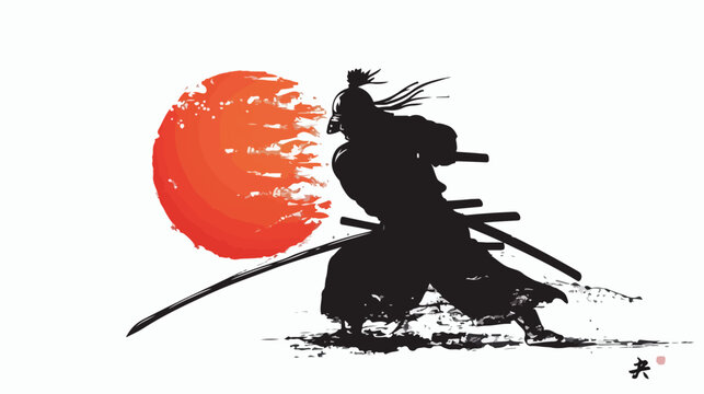 Silhouette of Japanese samurai warrior with sword Vec