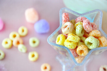 Top view of Colorful Fruit Loops Cereal in Star Shape Cup