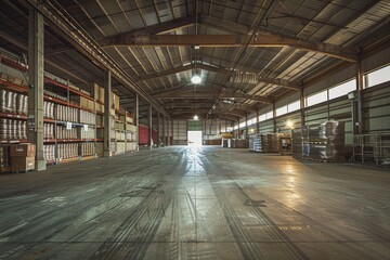 Fototapeta premium Spacious industrial warehouse with high shelves stacked with goods