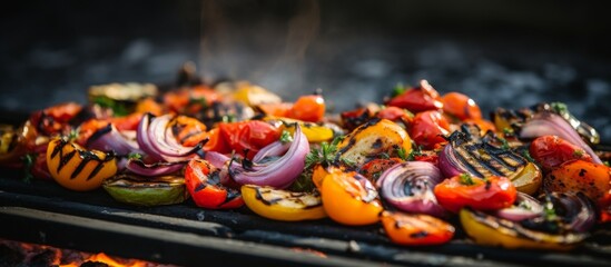 Assorted vegetables such as peppers, zucchinis, and mushrooms are grilling on a barbecue grill