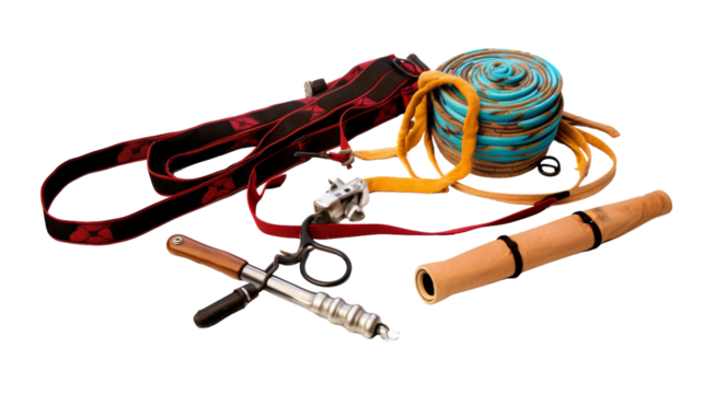 Various types of yoga straps intertwined in a dynamic, graceful composition - Powered by Adobe