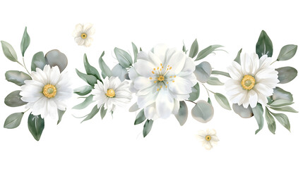 Fototapeta premium Elegant flowers and green leaves decoration for wedding greeting cards, isolated on transparent background.