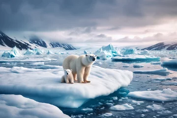 Foto op Aluminium As glaciers and ice melt away, a mother polar bear and her cub face an uncertain future. © carrieduay