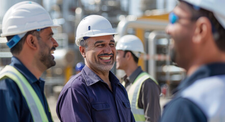 A group of smiling construction workers are in the background, one worker wearing a white helmet and blue shirt is standing out from the other men with grey hard hats