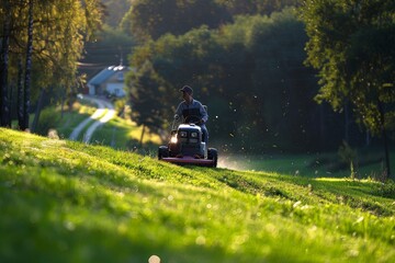 Man mowing the grass with a ride-on lawn mower at sunset