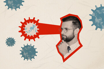 Creative abstract сollage young serious doctor man in glasses watching microbes vaccinating cure...