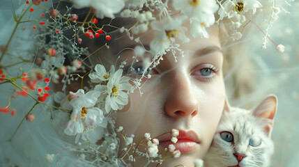 portrait of a beautiful girl with a cat, white flower
