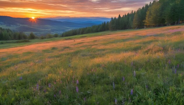 Picture A Meadow At Sunrise Where The Grass Is No