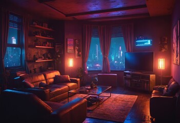 Beautiful Retro-Futuristic Portrait of a Human Gamer Girl Resembling an Android Robot with Artificial Intelligence, Travelling in Modern City with Neon Lights and Colorful Cyberpunk Vibe