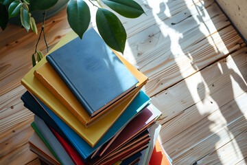 stack of books, colorful albums, top view