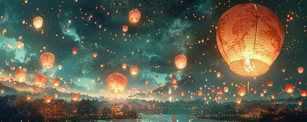 Lantern festival in China: colorful lanterns light up the night sky as people gather to celebrate. Art illustration. - obrazy, fototapety, plakaty