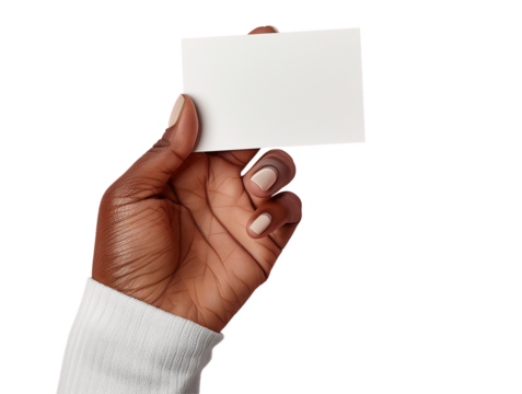 Female hand holding business card, pink beauty background, blank mockup template for design, cut out
