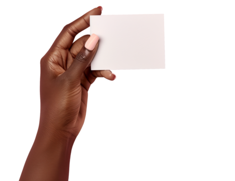 Female hand holding business card, pink beauty background, blank mockup template for design, cut out
