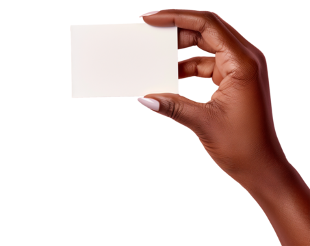 Female hand holding business card, pink beauty background, blank mockup template for design, cut out
