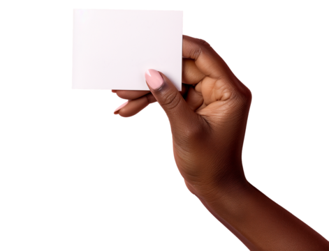 Female hand holding business card, pink beauty background, blank mockup template for design, cut out
