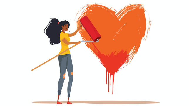 Woman painting red heart with paint roller flat vector
