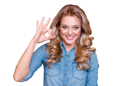 Close-up portrait of her she nice cute sweet lovely charming attractive cheerful positive glad wavy-haired lady showing ok-sign ad advert isolated over gray violet purple pastel background