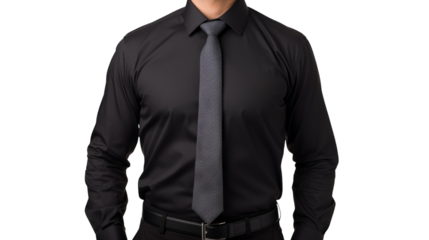 A stylish man in a black shirt and gray tie poses confidently