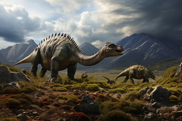 Image of dinosaurs in its environment. History of dinosaurs. Topics related to dinosaurs. History book. Extinction of dinosaurs. - obrazy, fototapety, plakaty