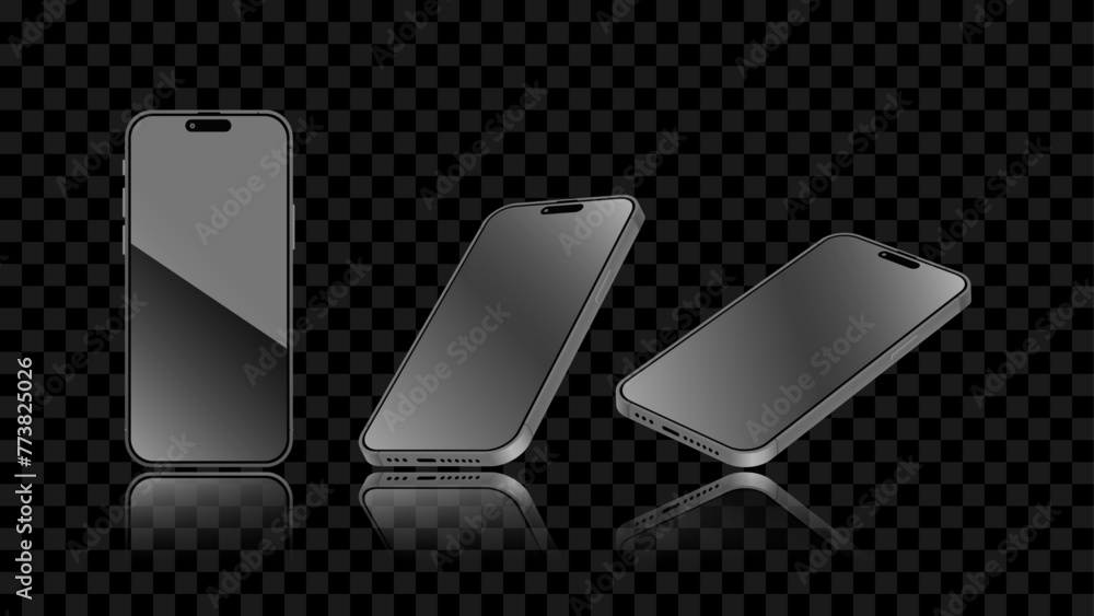 Poster black smartphone and mobile display light banner. smartphone screen with front, perspective side vie