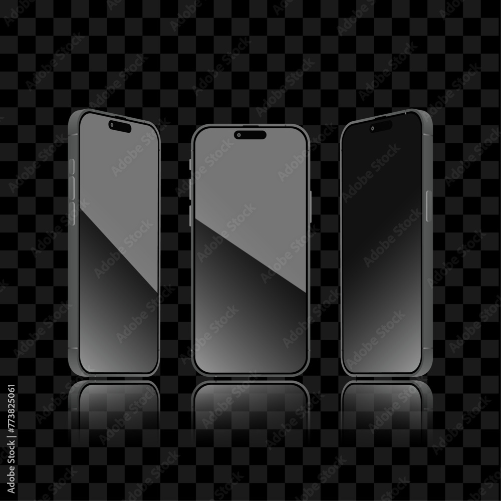 Poster black smartphone and mobile display light banner. smartphone screen with front, perspective side vie