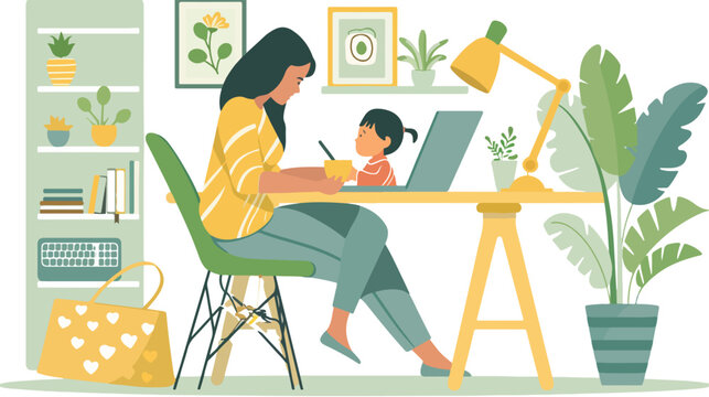 Working From Home With Handling Baby flat vector isolated