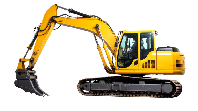 A small yellow excavator resting gracefully on a white background