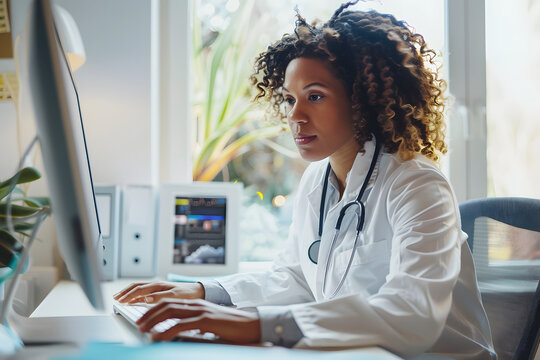 black female doctor working at a computer in the office