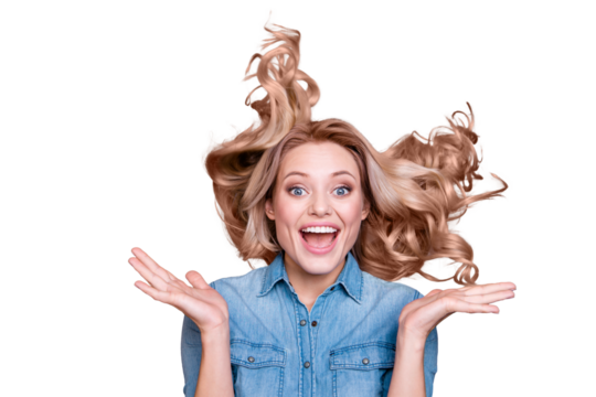 Close-up portrait of her she nice-looking cute gorgeous charming attractive cheerful wavy-haired lady rejoicing having fun curls blowing isolated over gray violet purple pastel background