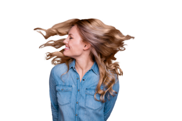 Close-up portrait of her she nice cute winsome feminine charming attractive cheerful girlish wavy-haired lady having fun curls blowing isolated over gray violet purple pastel background