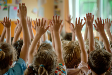 Back view of eager young children raising hands in a bright classroom, embodying the joy of learning