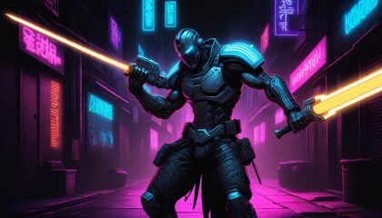 Fototapeta na wymiar digital painting A cyberpunk warrior with a mechan (13)