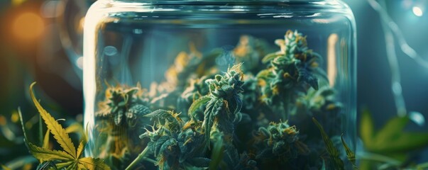 Cannabis buds in jar, close up photo, professional photo - obrazy, fototapety, plakaty