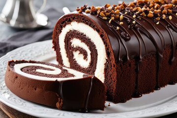 Delicious chocolate Swiss roll on a white plate