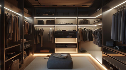 A minimalist closet layout with hidden storage compartments, maintaining a clean and clutter-free bedroom environment. 8K