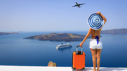 Happy moment with young woman tourist as orange the luggage in Santorini island,Greece - obrazy, fototapety, plakaty