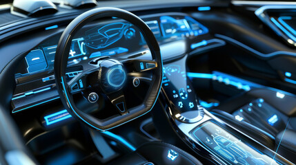 New modern Electric Car Interior and Dashboard. Empty vehicle, Display and digital speedometer