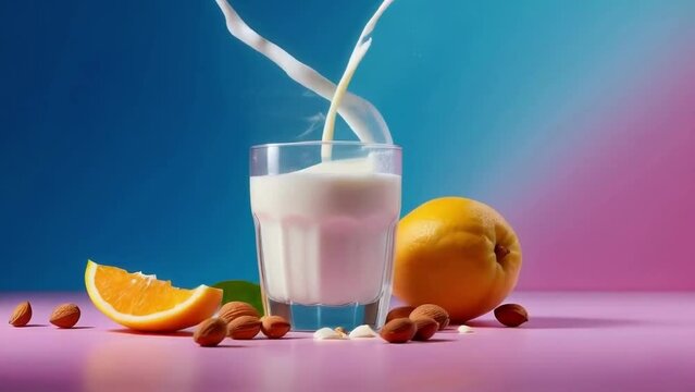 Dramatic Milk Splash with Citrus and Nuts on Duo-Tone Background

