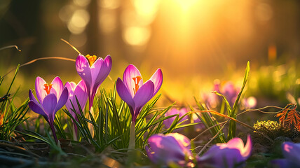 Spring flowers lavender crocuses among green grass in the sunlight