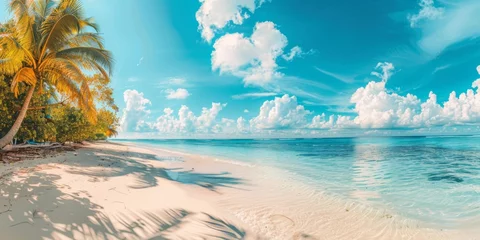Foto op Aluminium Beautiful tropical beach banner. White sand and coco palms travel tourism wide panorama background concept. Amazing beach landscape © Svitlana