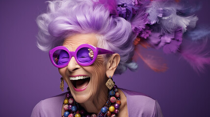 An elderly woman with glasses portrait in lavender purple tones, flowers makeup and spring mood at grandma's