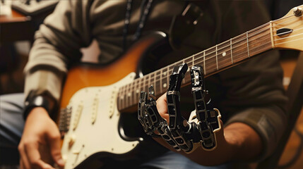 .A man with a bionic prosthetic arm plays an acoustic guitar